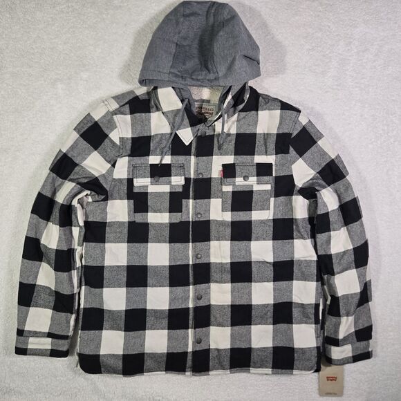 Levis Plaid Sherpa Lined Hoodie Jacket Mens XL Full Zip Button Snap $140